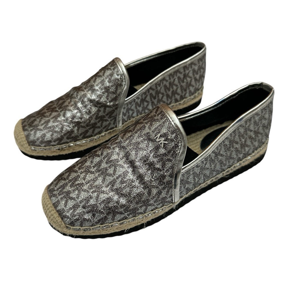 Michael Kors Hastings Black/Silver Pixie Fine MK Logo Espadrille Slip on